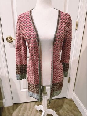 NWT M Missoni Open-Front Pink Multi-Color Crochet Cardigan Sweater